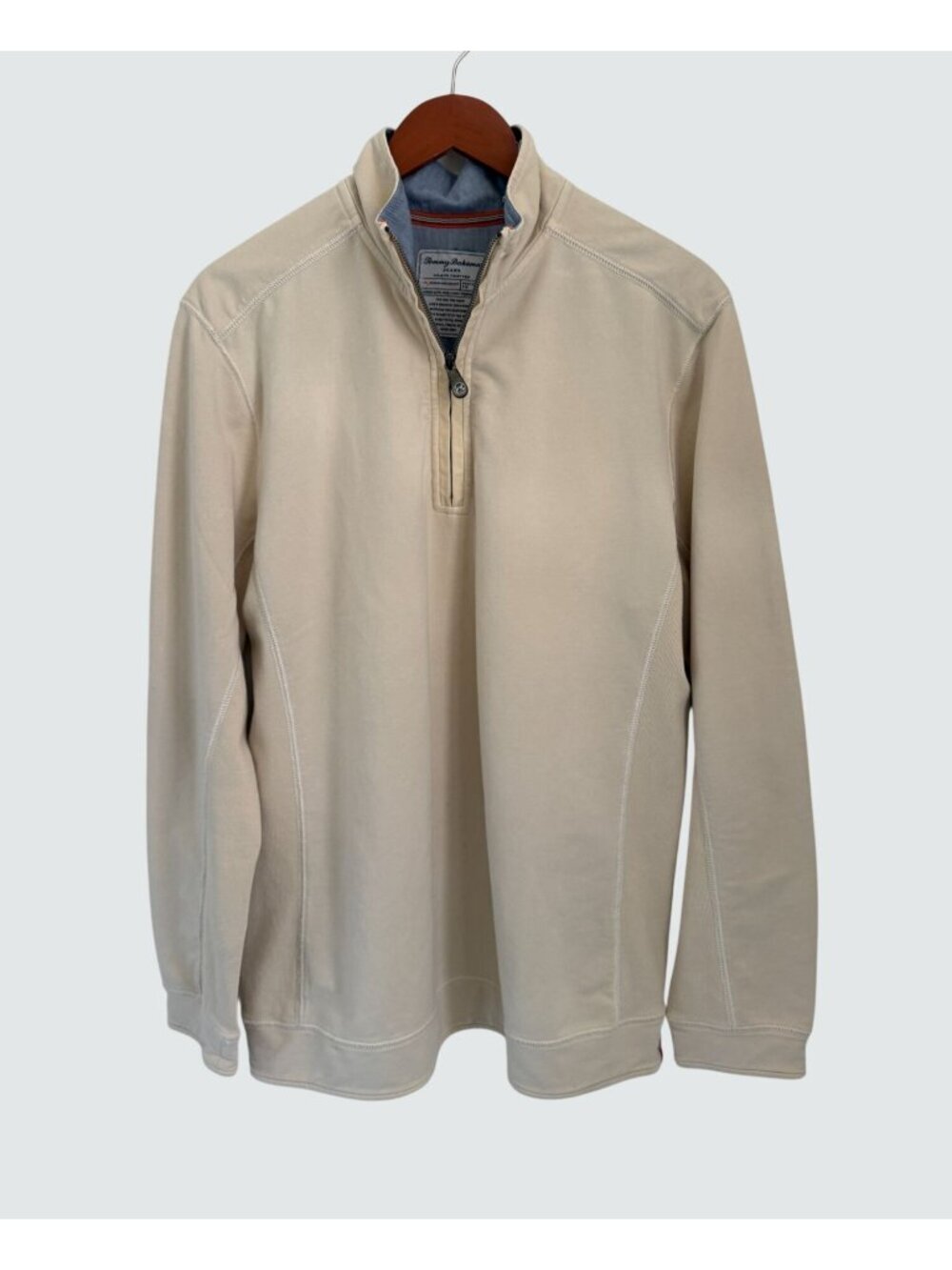 Tommy Bahama Mens Beige Quarter-Zip Pullover M Cotton Spandex Blend Casual Long